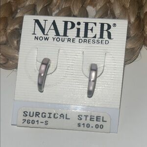 Vintage Napier-Surgical Steel Post Small Hoop Earrings, Pink Opal Inlay #boho